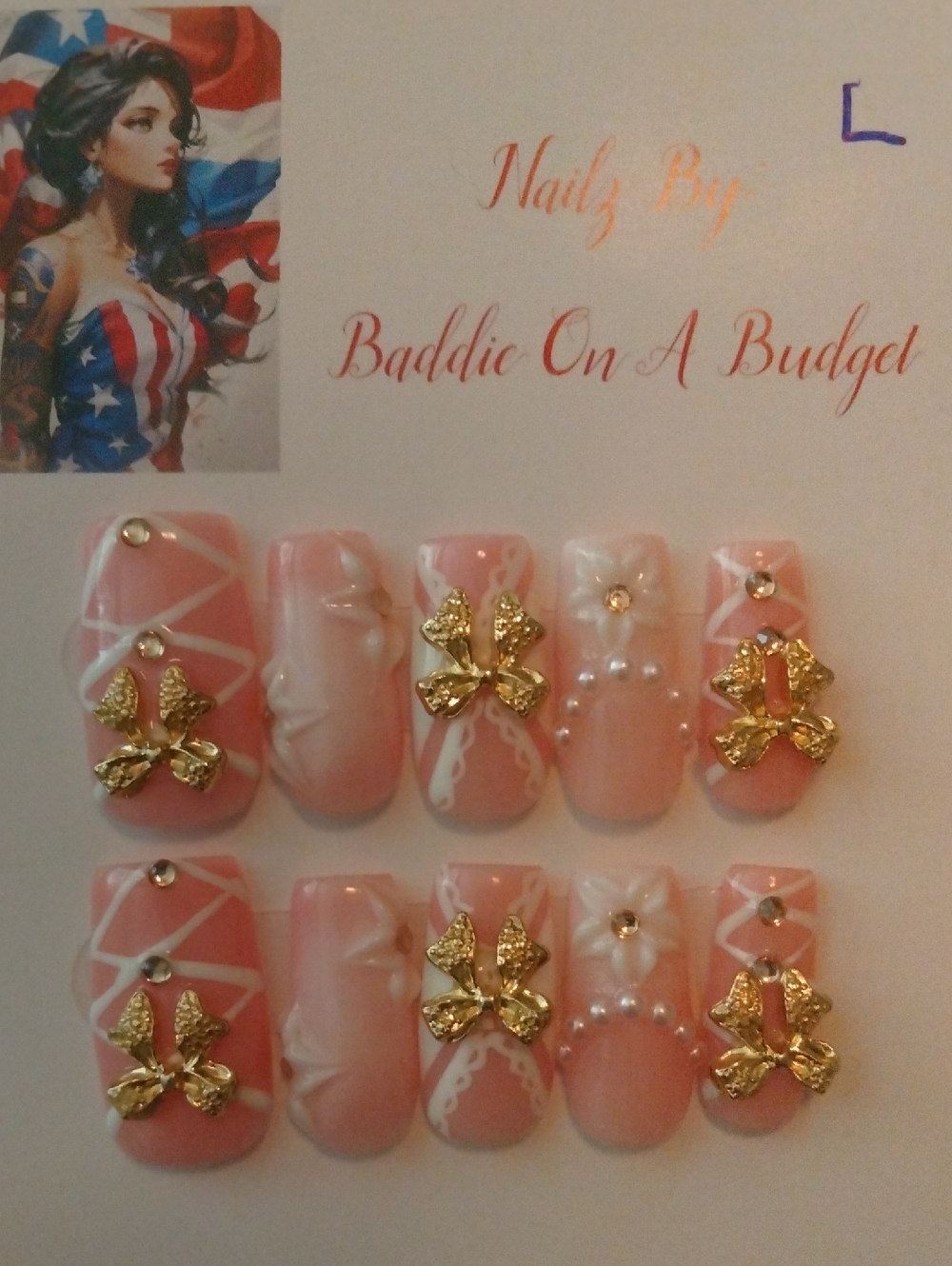 2.5 Square Pink Pearlized Size Large  Press-On Nails with Gold Bow Accents
